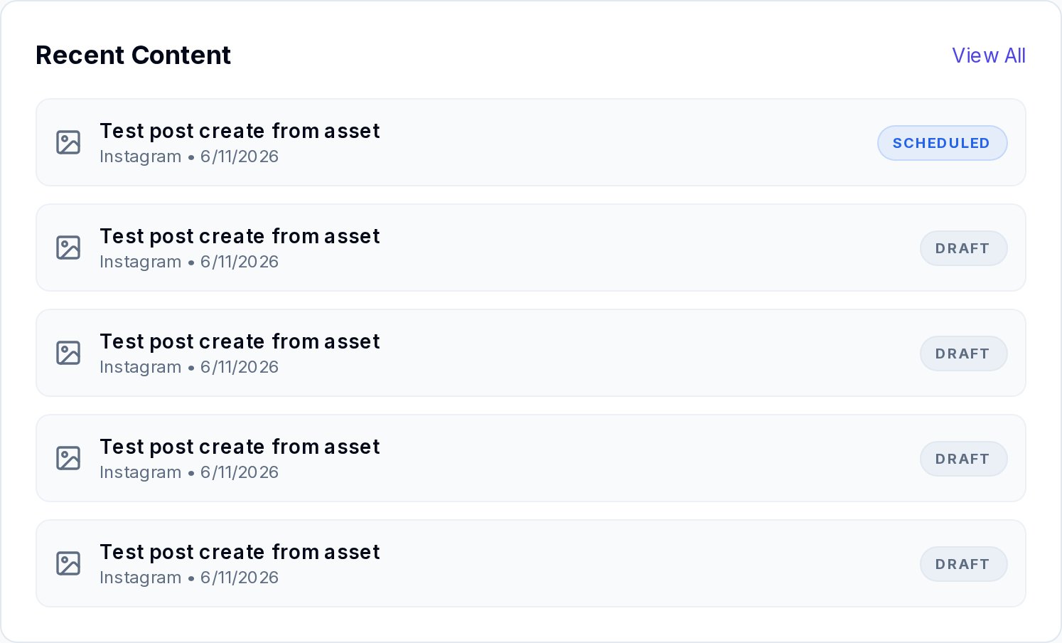 Recent Content section with content items listed by type, platform, and status