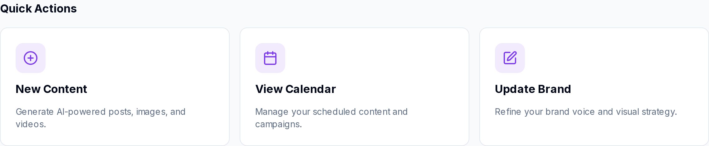 Quick Action cards for New Content, View Calendar, and Update Brand
